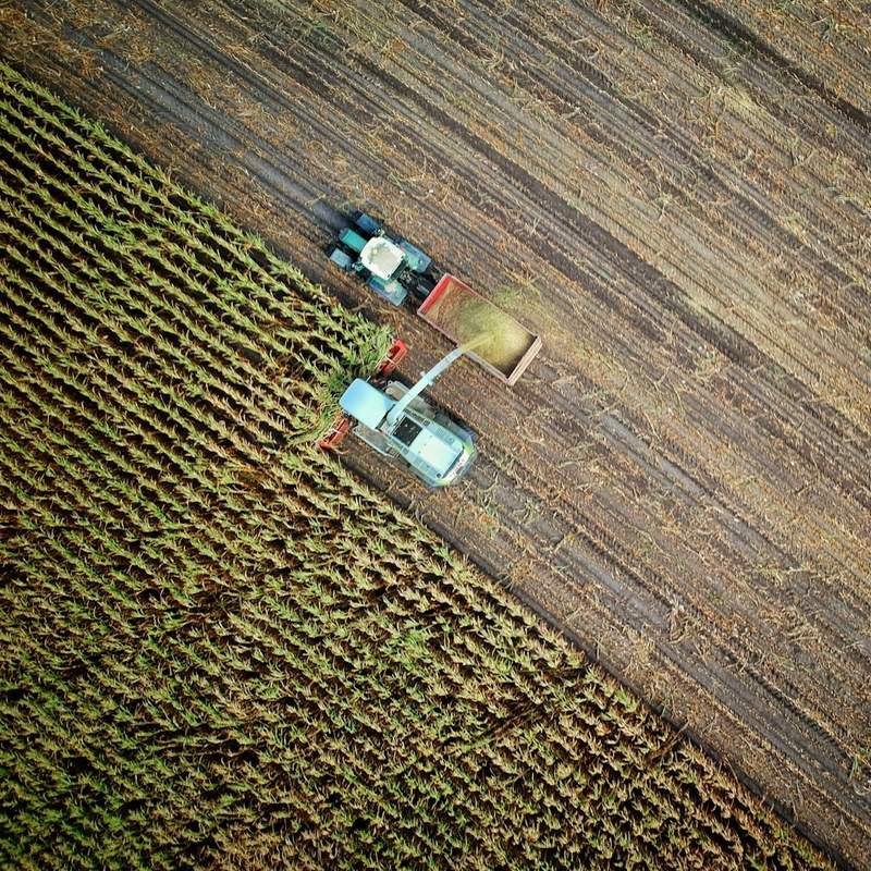 Vista aérea de colheitadeira descarregando grãos em um caminhao durante a colheita.